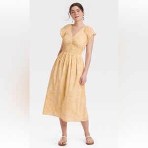 Short Sleeve Smocked Midi A-Line Dress - Yellow Floral- XXL